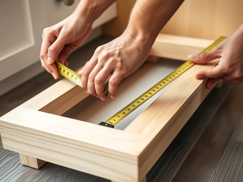 줄자를 이용하여 주방 하부장의 가로 세로 여유 공간을 꼼꼼하게 측정하는 모습