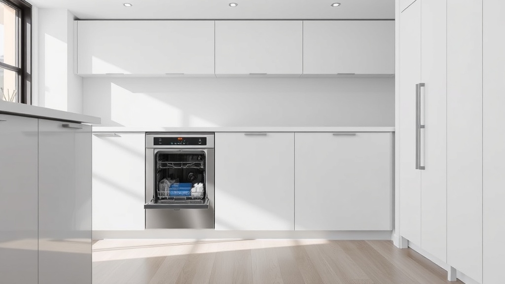 깔끔하게 정돈된 현대적인 주방에 빌트인으로 설치된 식기세척기의 모습